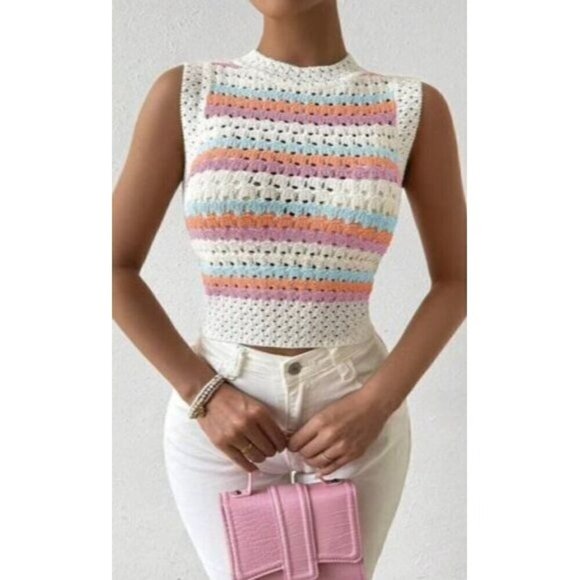 Multicolor Contrast Stripe Hollow Out Sleeveless Knitted Top - Picture 4 of 5